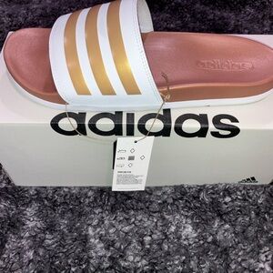 Adidas Women's White and Gold Slide Sandals